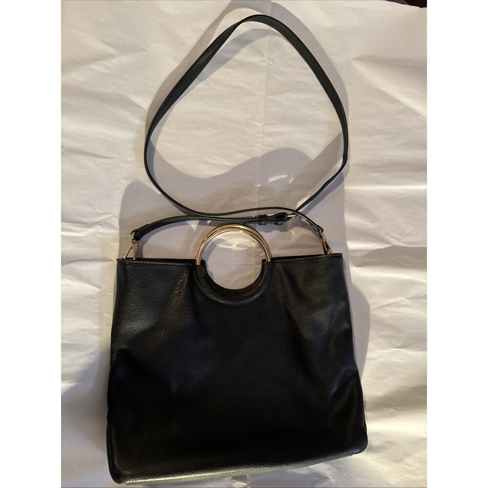 LC Lauren Conrad Black Convertible Crossbody Bag Gold Ring Handles SmallTote